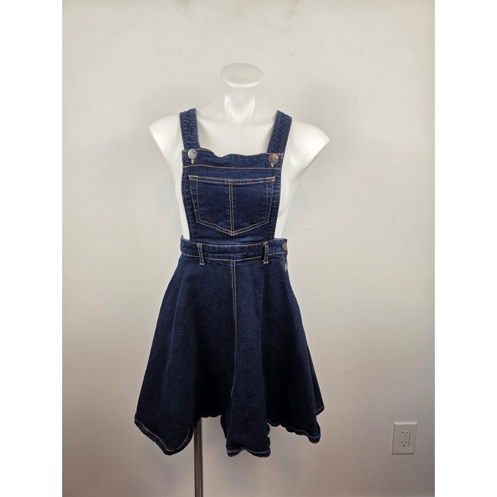 Hell Bunny Dark Wash Denim Pinafore Skater Dress XS W26 Retro Rockabilly Bib